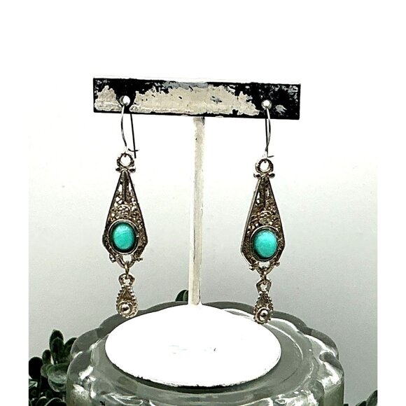 Vintage-Inspired Silver Tone Drop Earrings With Filigree Design and a Turquoise - Picture 6 of 7